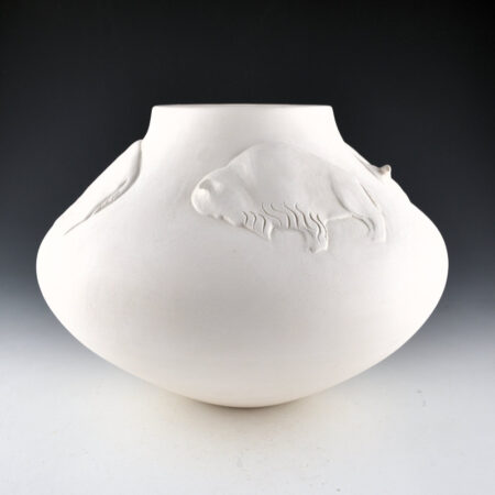 Alternative view of Pahponee - 10" Wide "In a Sacred Manner I Walk" White Bowl with Buffalo in Relief
