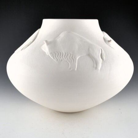 Pahponee - 10" Wide "In a Sacred Manner I Walk" White Bowl with Buffalo in Relief