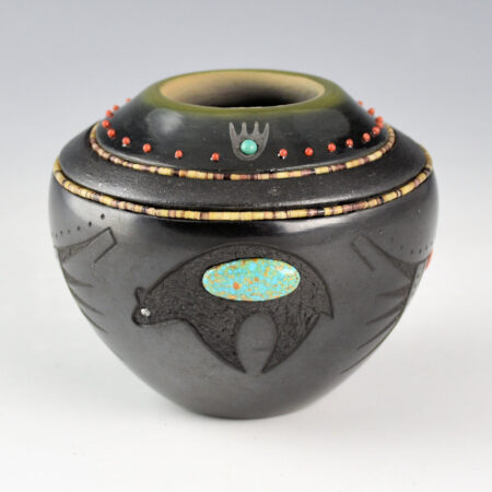 Sanchez, Russell  - Black-and-Green Jar with Bear, Bear Paw, and 39 Stones