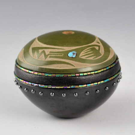 Sanchez, Russell  - Black-and-Green Seedpot with Avanyu and 39 Stones