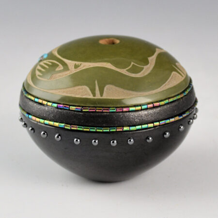 Alternative view of Sanchez, Russell  - Black-and-Green Seedpot with Avanyu and 39 Stones
