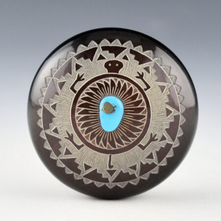 Chavarria, Harvey & Debra Trujillo - Flat Black and Sienna Turtle Seedpot with Turquoise (1980s)