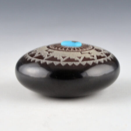 Alternative view of Chavarria, Harvey & Debra Trujillo - Flat Black and Sienna Turtle Seedpot with Turquoise (1980s)