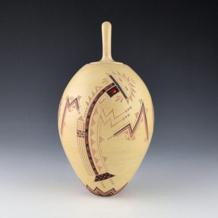 Alternative view of Fragua, Glendora - Tan Jar with Yei Figure, Three Sun Designs, Coral and Ribbon (1993)