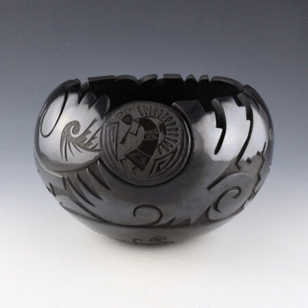 Alternative view of Medicine Flower, Grace - Large Black Carved Bowl with Avanyu and Flute Player (1993)