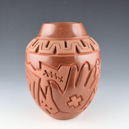 Begay, Jr., Harrison - 7" Tall Brown-Fired Jar with Hands and Circles (2000)