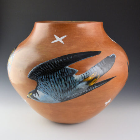 Folwell, Kaa & Derek No-Sun Brown - 14" Wide "Hawk and Hummingbirds" Large Water Jar