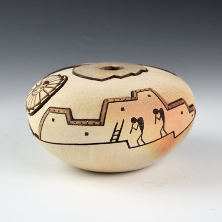 Alternative view of Nampeyo, Loren Hamilton - Seedpot with Pueblo Scene, Corn, and Tewa Sun