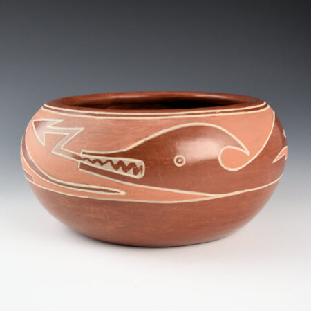 Tafoya, Margaret - Red-on-Red Avanyu Bowl with White Outlines (1930s)