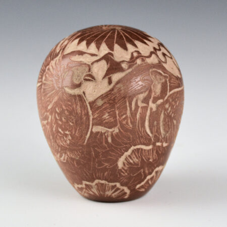 Naranjo, Paul  - Brown Seedpot with Pheasants and Avanyu (1980s)