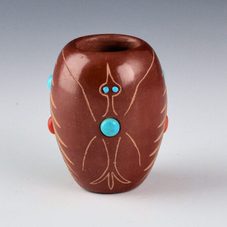 Alternative view of Red Starr, Elmer - Red Jar with Big Horn Sheep, Thunderbirds, and 7 Inset Stones (1977)