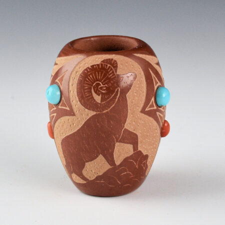 Red Starr, Elmer - Red Jar with Big Horn Sheep, Thunderbirds, and 7 Inset Stones (1977)
