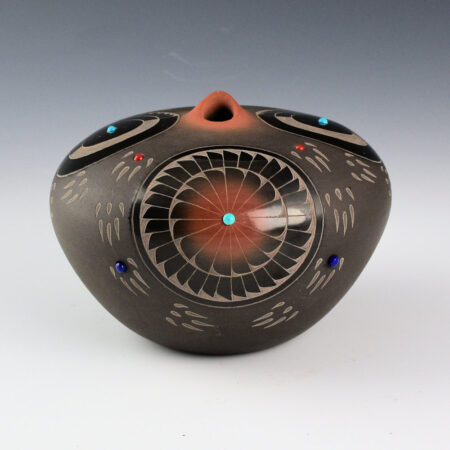 Suazo, Ron - Black and Sienna Jar with 3 Feather Medallions, Turquoise, Coral, and Lapis
