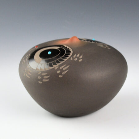 Alternative view of Suazo, Ron - Black and Sienna Jar with 3 Feather Medallions, Turquoise, Coral, and Lapis