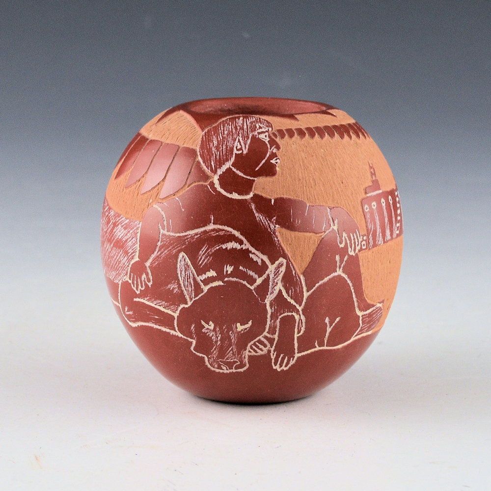 Tanner , Roy & Stella – Bowl with Man, Dog, and Pueblo Scene (1983)
