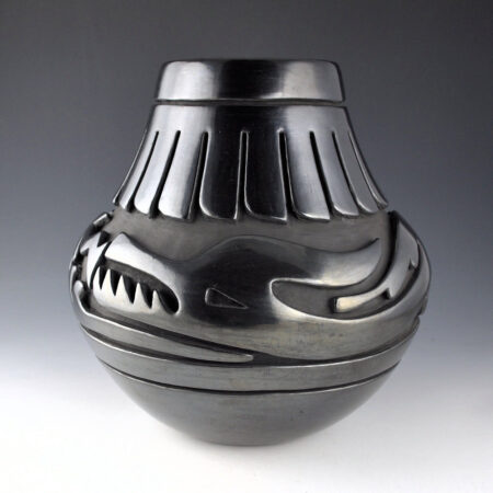 Naranjo, Teresita  - 10" Tall Jar with Carved Avanyu and 22 Feathers (1980s)