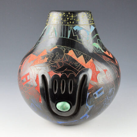 Dalawepi (Ergil Vallo) - Jarl Bowl with Katsina Figures, Bear Paw, and Turuqoise (1990s)