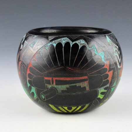 Dalawepi (Ergil Vallo) - Seedpot with Katsinas and Mimbres Figures (1990s)