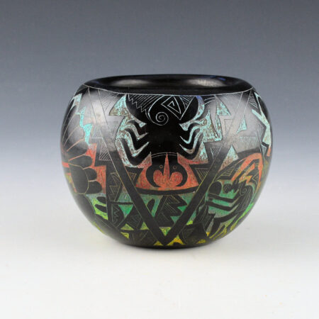 Alternative view of Dalawepi (Ergil Vallo) - Seedpot with Katsinas and Mimbres Figures (1990s)