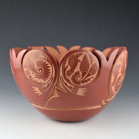 Alternative view of Medicine Flower, Grace - Large Red Carved Bowl with Six Etched Medallions and Carved Rim (1990)