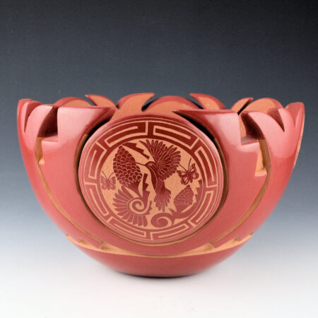 Medicine Flower, Grace - Large Red Carved Bowl with Six Etched Medallions and Carved Rim (1990)