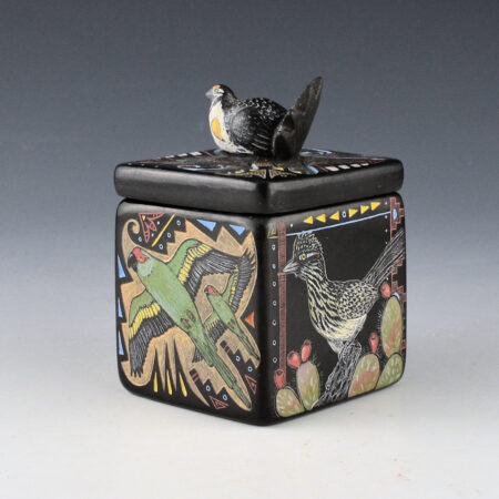 Alternative view of Tafoya, Jennifer - Box with Roadrunner, Parrot, Pheasant, Owl, and Sage Grouse Lid (2013)