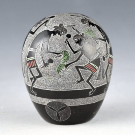 Alternative view of Lonewolf, Joseph - "Mimbres Dancers" Black Seedpot with Six Figures (1987)