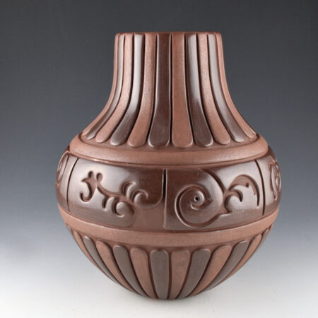 Tafoya-Sanchez, Linda - 10" Tall Plum-Colored Jar with 62 Feathers and 7 Panels of Design