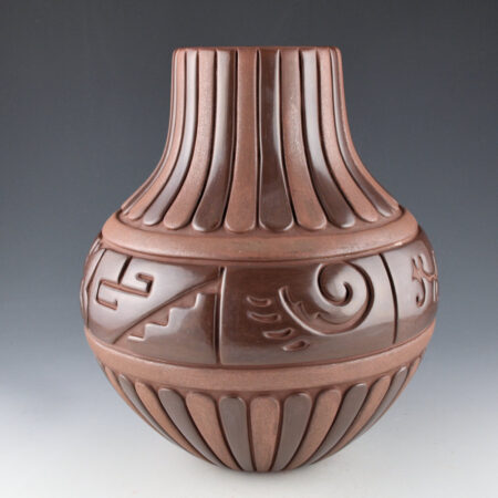Alternative view of Tafoya-Sanchez, Linda - 10" Tall Plum-Colored Jar with 62 Feathers and 7 Panels of Design