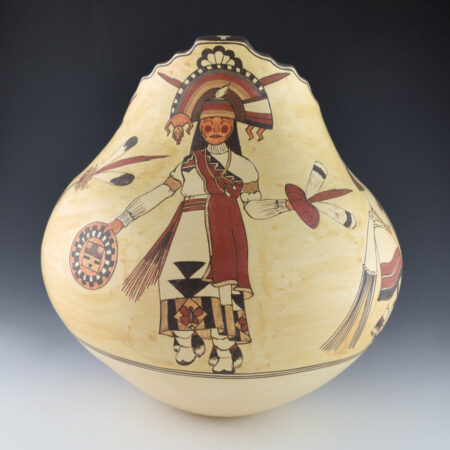 Gutierrez, Lois  - 11" Tall Polychrome Double Kiva Rim Jar with Four Rain Dancers (2000)