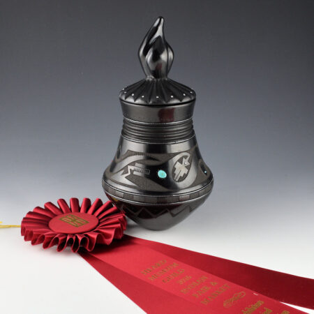 Sanchez, Russell  - "Summer and Winter" Jar with Double Avanyu, Flame Lid, 38 Stones (Ribbon)