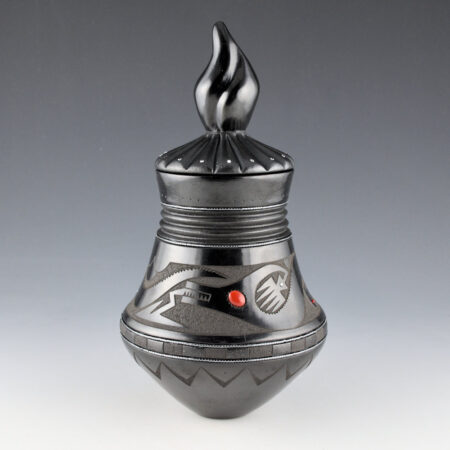 Alternative view of Sanchez, Russell  - "Summer and Winter" Jar with Double Avanyu, Flame Lid, 38 Stones (Ribbon)