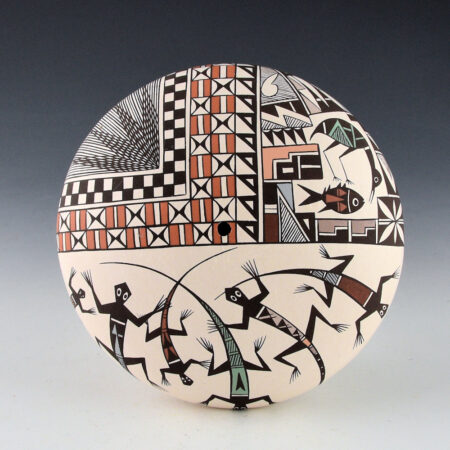 Lewis, Sharon - Large Seedpot with 6 Mimbres Lizards, Fish, Bird, and Geometrics