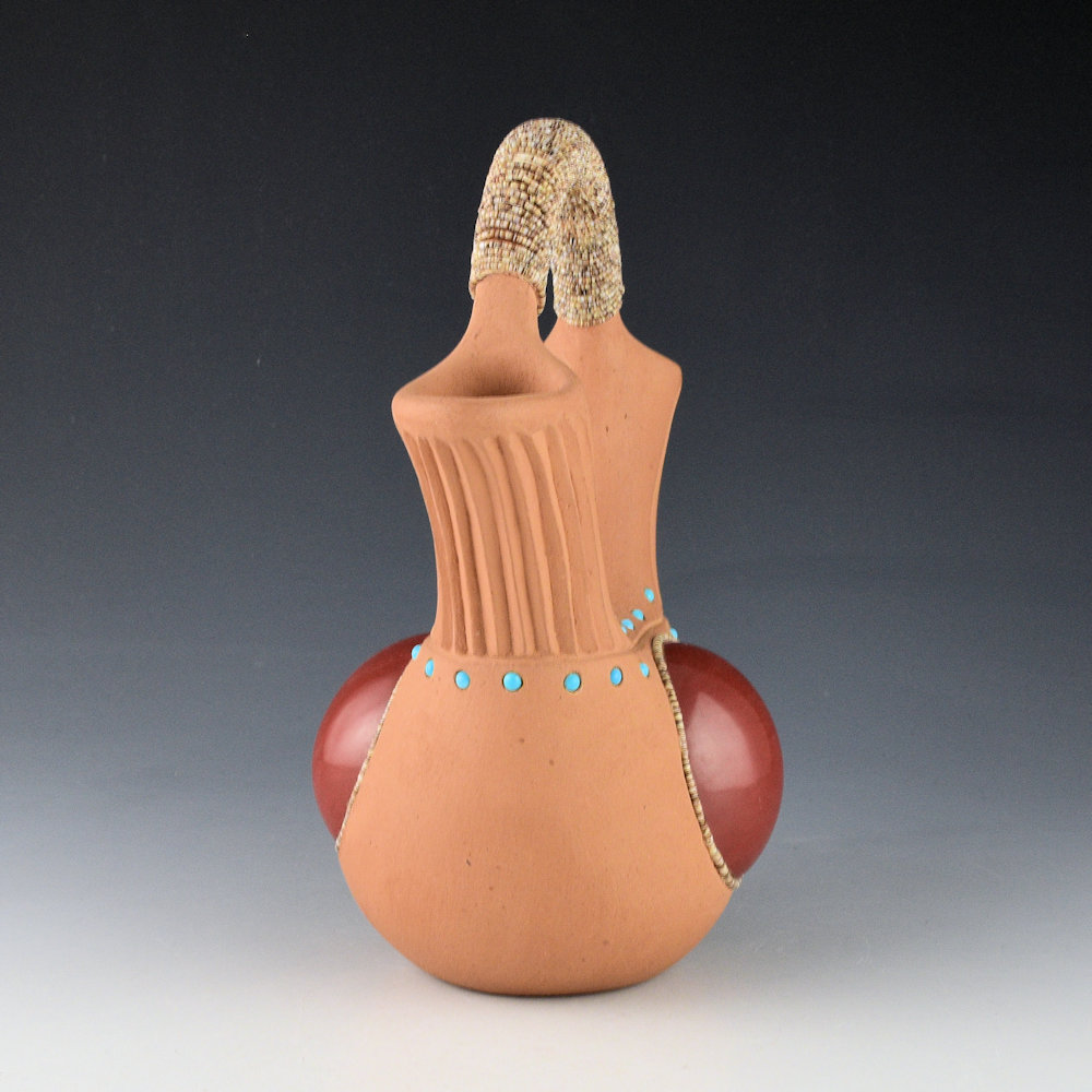 Haungooah, Art Cody - 7.5" Tall Wedding Vase with Red Medallions, Shell Beads, and Turquoise (1975) - Image 3