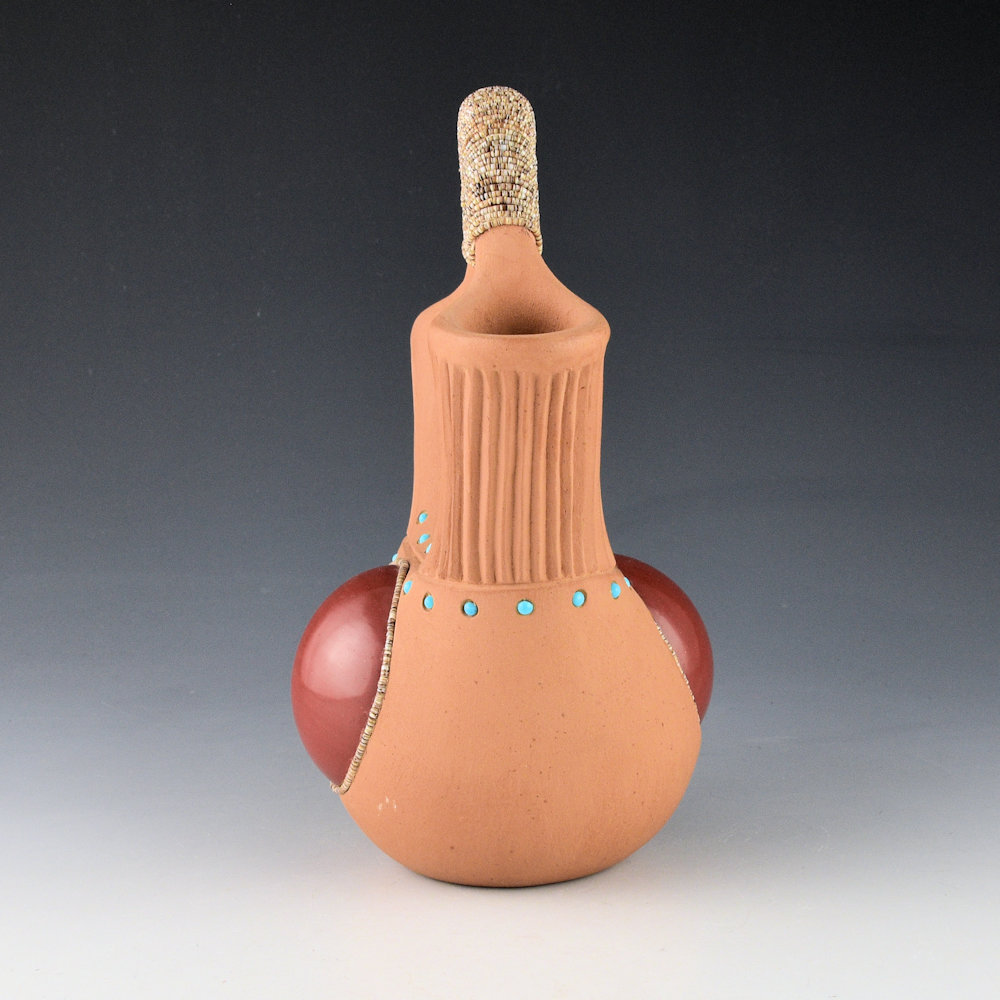 Haungooah, Art Cody - 7.5" Tall Wedding Vase with Red Medallions, Shell Beads, and Turquoise (1975) - Image 4