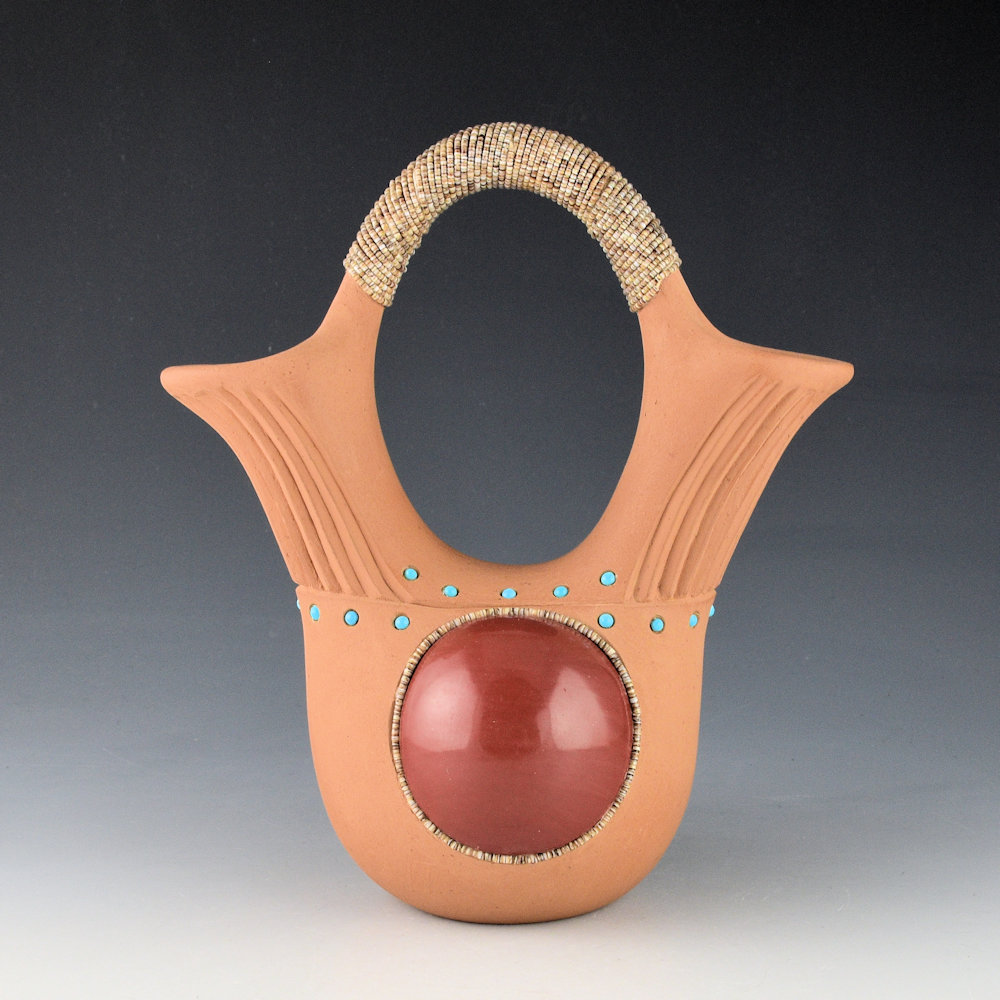 Haungooah, Art Cody - 7.5" Tall Wedding Vase with Red Medallions, Shell Beads, and Turquoise (1975) - Image 2