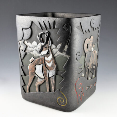 Tafoya, Jennifer & Chris Youngblood - "Front Range" 9" Tall Square Jar with Antelope, Elk, Deer, and Big Horn Sheep