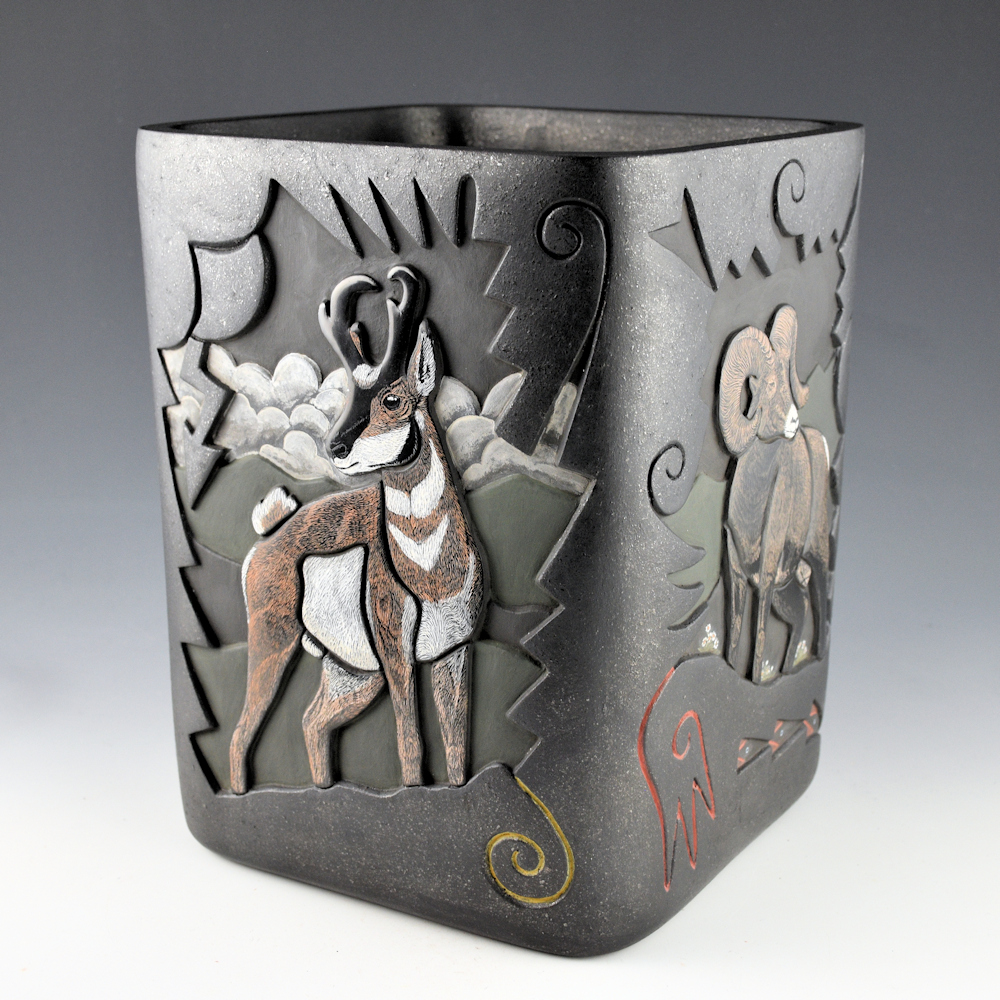 Tafoya, Jennifer & Chris Youngblood - "Front Range" 9" Tall Square Jar with Antelope, Elk, Deer, and Big Horn Sheep