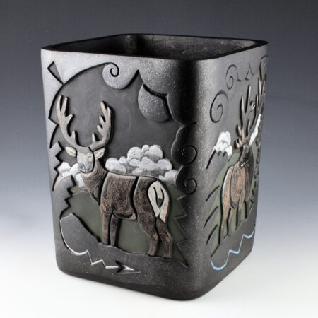 Alternative view of Tafoya, Jennifer & Chris Youngblood - "Front Range" 9" Tall Square Jar with Antelope, Elk, Deer, and Big Horn Sheep