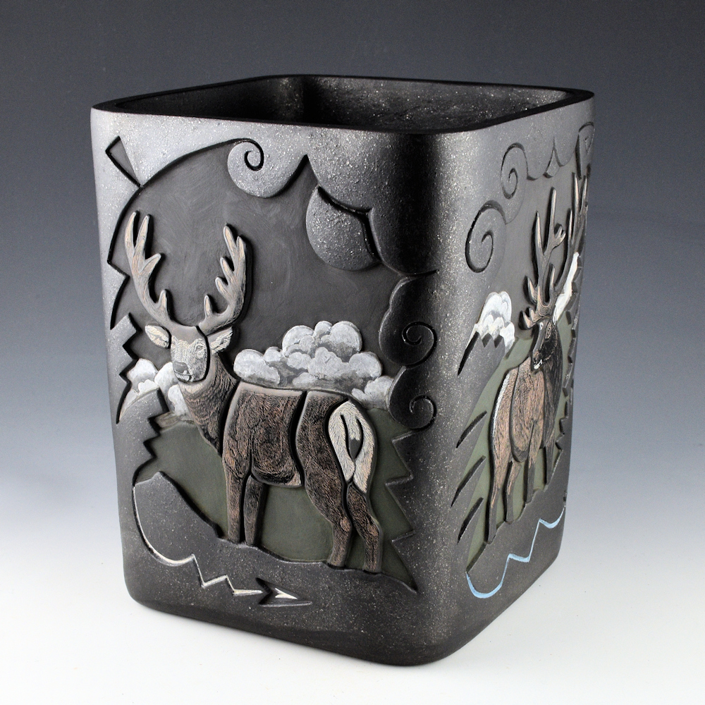 Tafoya, Jennifer & Chris Youngblood - "Front Range" 9" Tall Square Jar with Antelope, Elk, Deer, and Big Horn Sheep - Image 2
