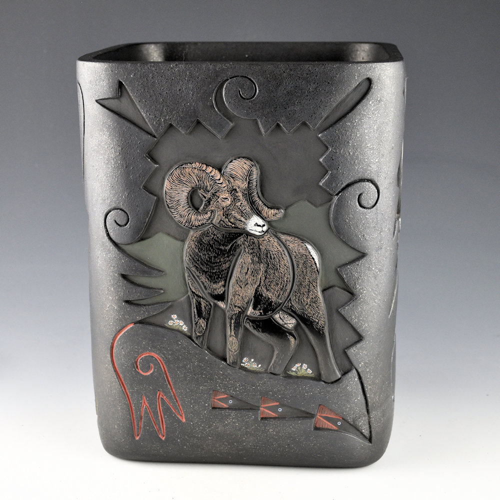 Tafoya, Jennifer & Chris Youngblood - "Front Range" 9" Tall Square Jar with Antelope, Elk, Deer, and Big Horn Sheep - Image 5