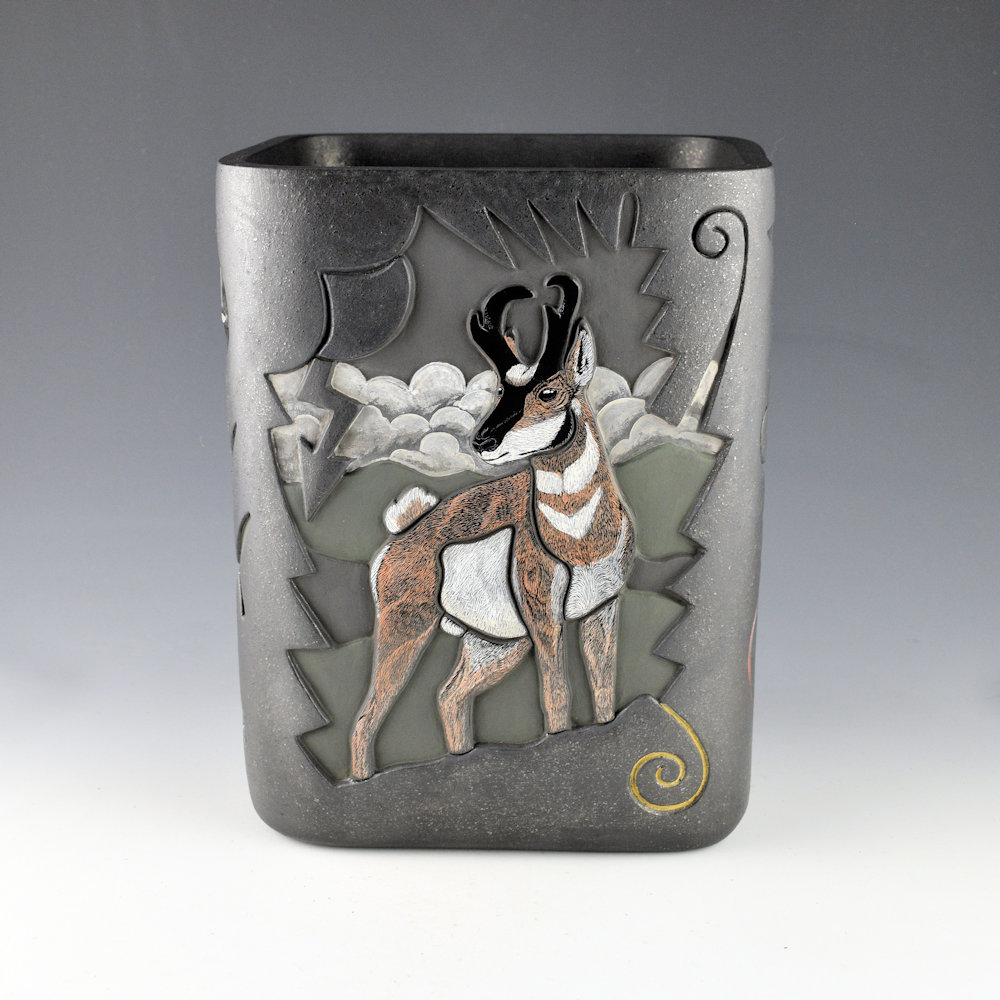 Tafoya, Jennifer & Chris Youngblood - "Front Range" 9" Tall Square Jar with Antelope, Elk, Deer, and Big Horn Sheep - Image 4