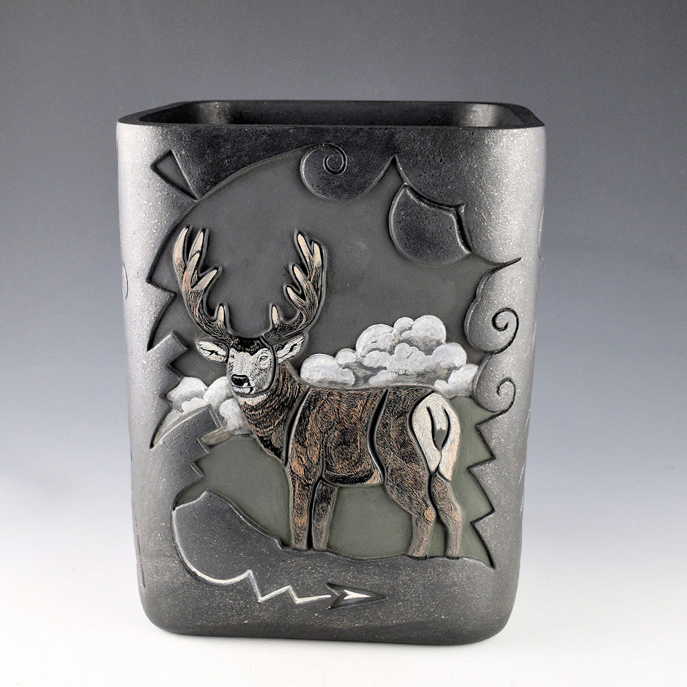 Tafoya, Jennifer & Chris Youngblood - "Front Range" 9" Tall Square Jar with Antelope, Elk, Deer, and Big Horn Sheep - Image 3