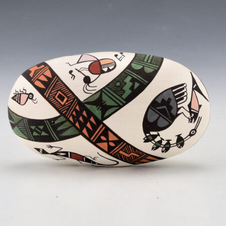 Lewis-Garcia, Diane - Mulit-Color Oval Seedpot with Lizard, Flute Player, Bird and Bee