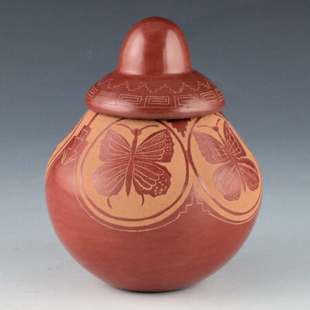 Medicine Flower, Grace - Red Bowl with Five Butterflies and Lid (1977)