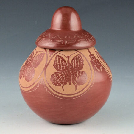 Alternative view of Medicine Flower, Grace - Red Bowl with Five Butterflies and Lid (1977)