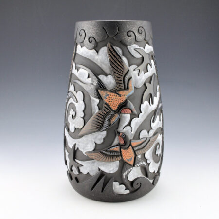 Tafoya, Jennifer & Chris Youngblood - 10" Tall "Circling the Clouds" Jar with Sparrows and Clouds