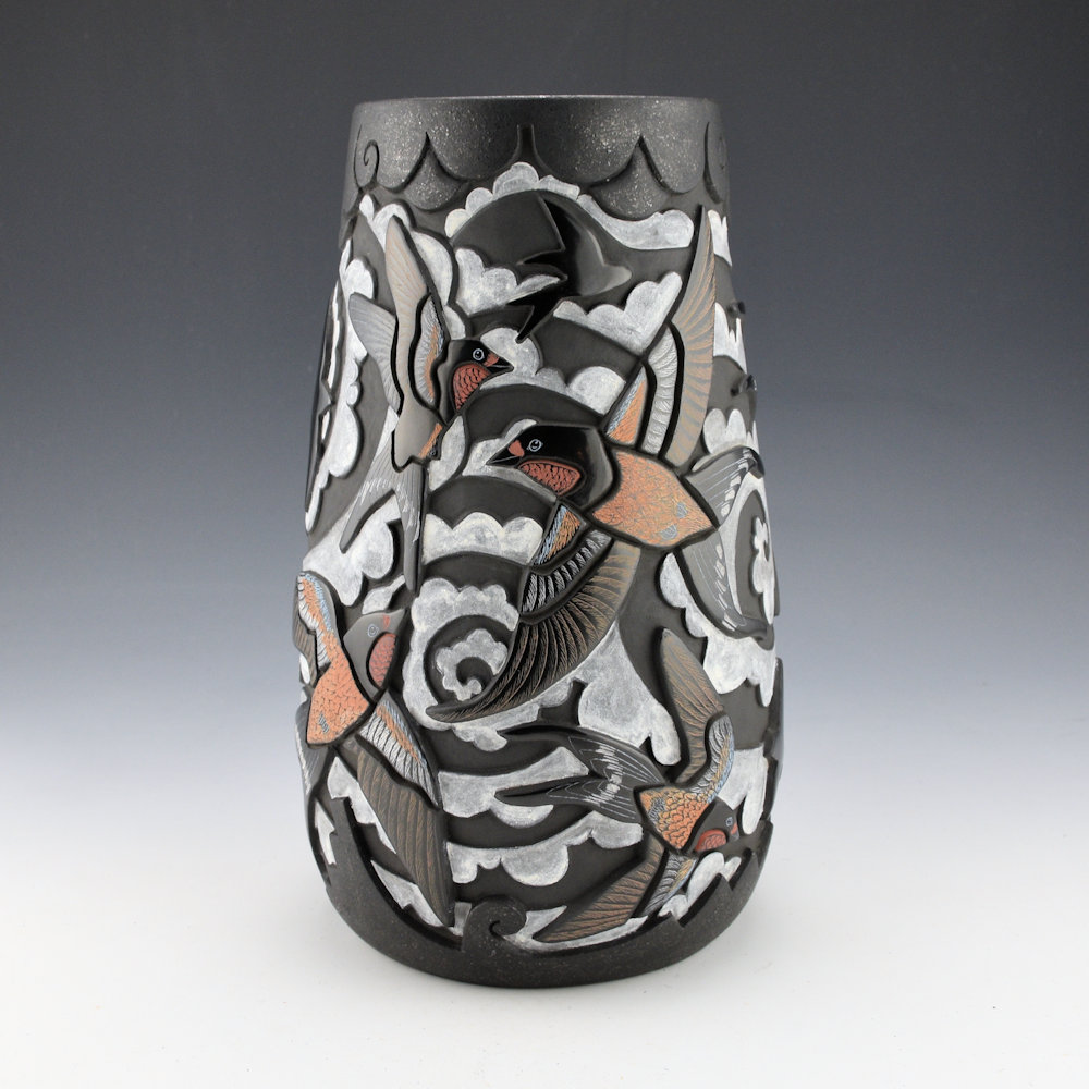 Tafoya, Jennifer & Chris Youngblood - 10" Tall "Circling the Clouds" Jar with Sparrows and Clouds - Image 2