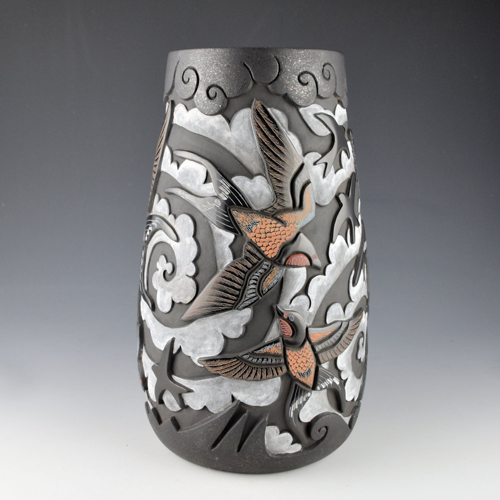 Tafoya, Jennifer & Chris Youngblood - 10" Tall "Circling the Clouds" Jar with Sparrows and Clouds - Image 4