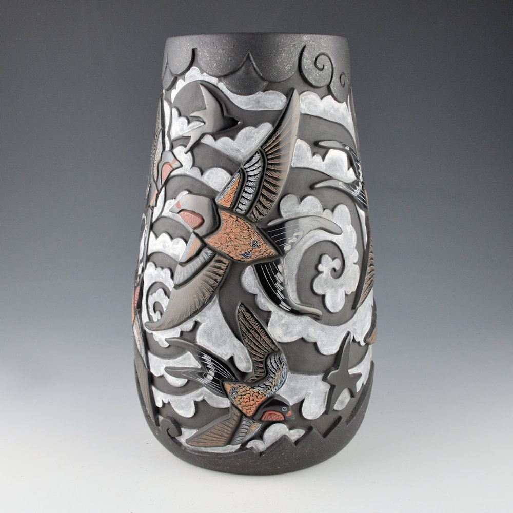 Tafoya, Jennifer & Chris Youngblood - 10" Tall "Circling the Clouds" Jar with Sparrows and Clouds - Image 5